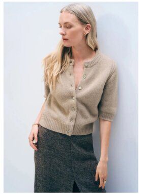 NEW White + Warren Cashmere  Elbow Sleeve Cardigan Brown